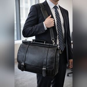 Business EL PORTAL Black Leather MESSENGER Office Work BRIEFCASE ATTACHE BAG